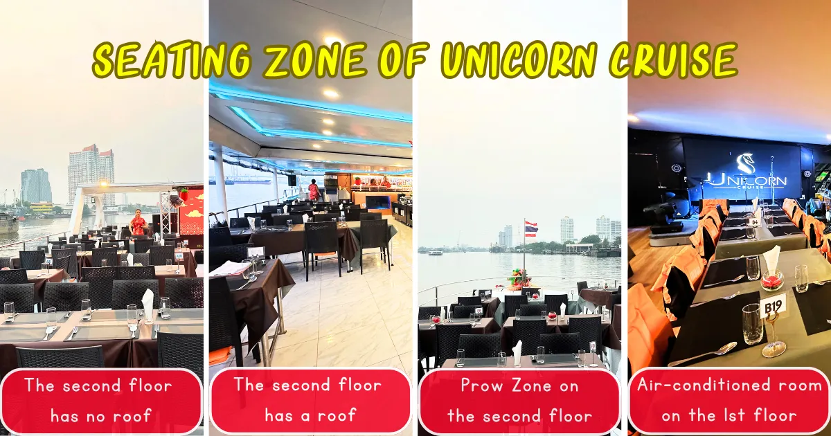 The seating zone of Chao phraya river dinner cruise with Unicorn Cruise